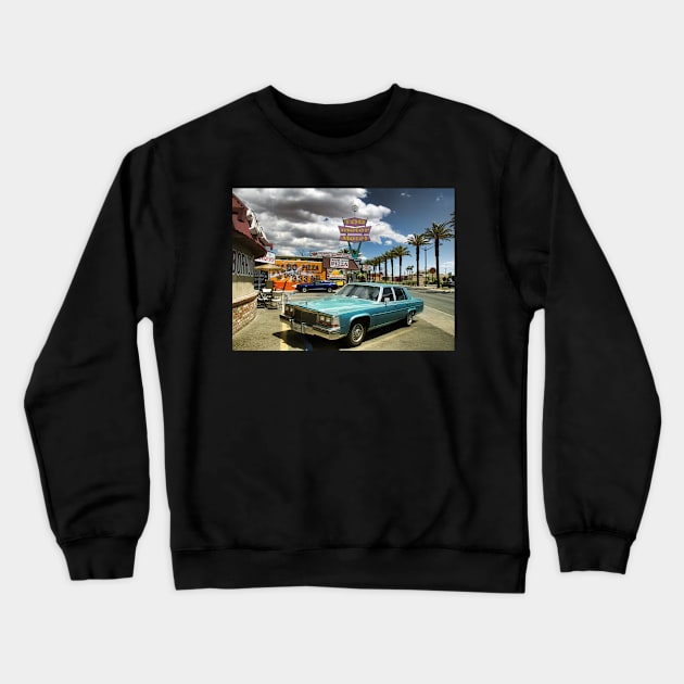 Vintage Cadillac parked in Las Vegas, neon sign of Tod Motor Motel, Las Vegas Crewneck Sweatshirt by Reinvention